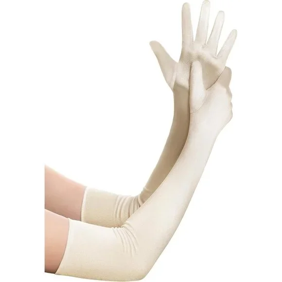 Women's Champagne Vintage Satin Long Gloves Party Costume Stretchy Elbow Length