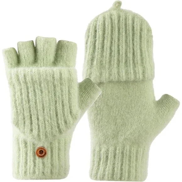 Women's Winter Warm Mittens Knitted Green Gloves Fingerless Button Closure