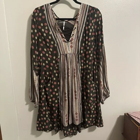 Free People Rain or Shine Lace Up Boho Peasant Swing‎ Long Sleeve Dress Size S