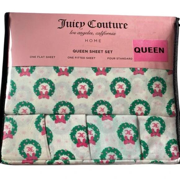 Juicy Couture QUEEN Sheet Set Christmas Wreaths 6-Piece Holiday Bedding