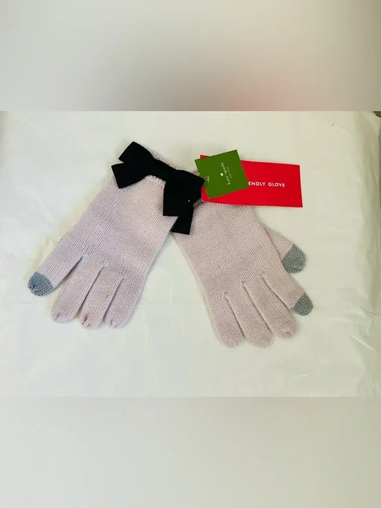 kate spade Light Pink Knit Gloves with Black Bow and Gray Touch Tips