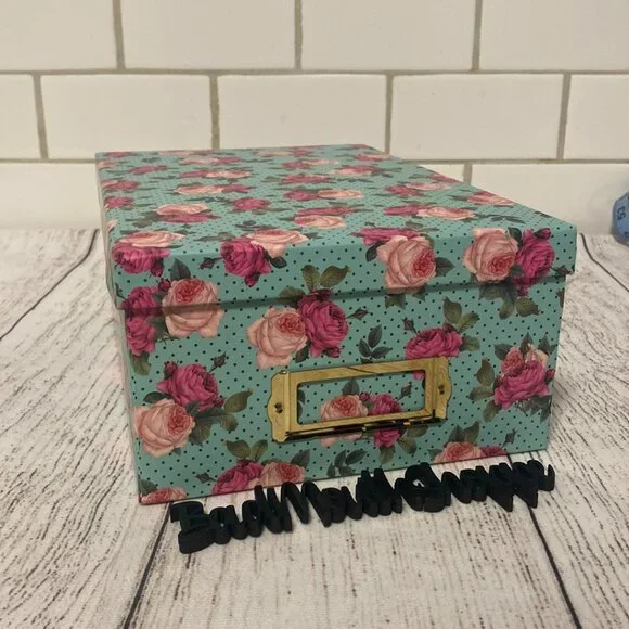 Turquoise Polka Dot and Vintage Pink Floral Photo Storage Display Box