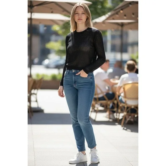 Free People Black Sheer Mesh‎ Knit Cropped Long Sleeve Sweater Top S