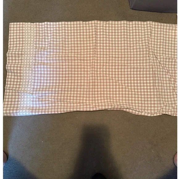 Vintage Gingham Check Pillowcase‎ Tan White Eyelet Lace Trim Farmhouse Cottage