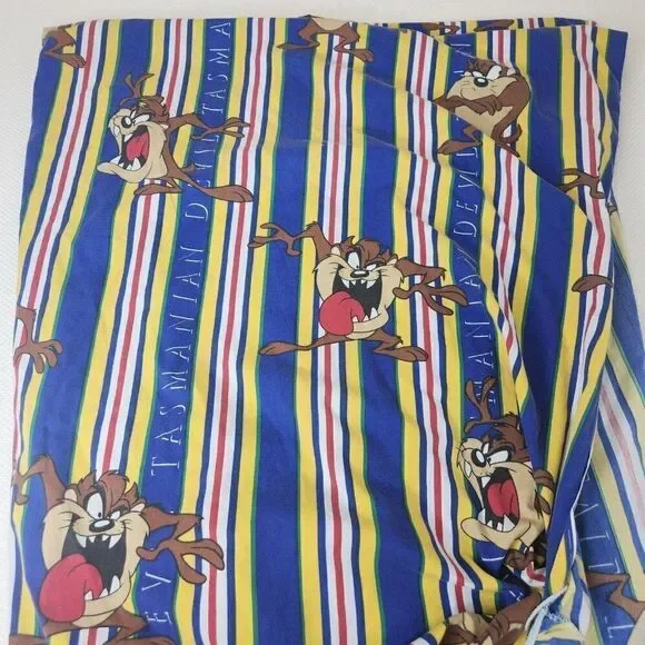 Vintage Twin Fitted Sheets Taz Tasmanian Devil Blue Yellow Striped Warner Bros
