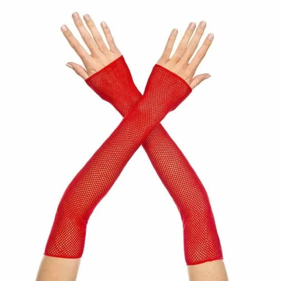 Red extra long fishnet gloves