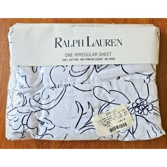 Ralph Lauren Angelina White Navy Sketch Floral 100% Cotton Queen Flat Sheet NEW