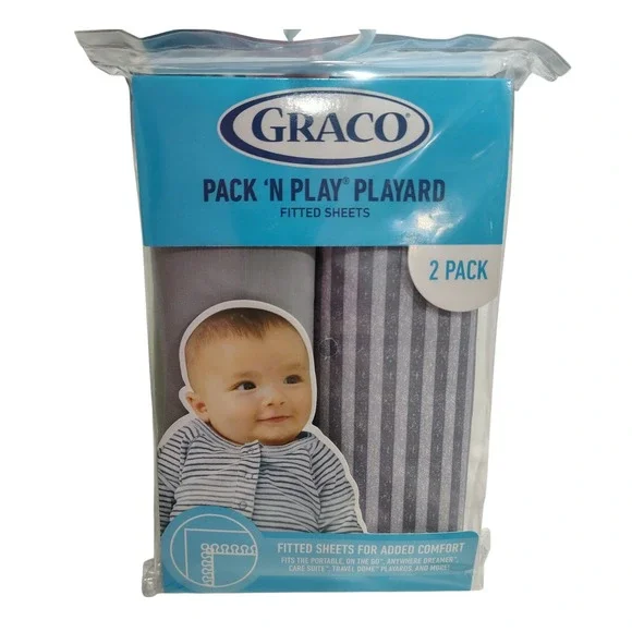 NEW Graco Pack‎ N Play Playard Fitted Sheets 2 Pack Stripes Gray Neutral 39