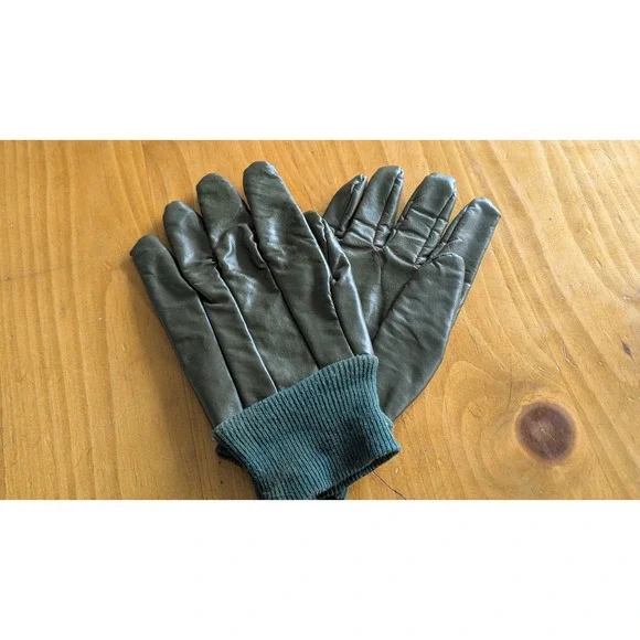 Vintage Dark Green Leather Gloves Ribbed Knit Cuffs Fleece‎ Lined Winter Forest