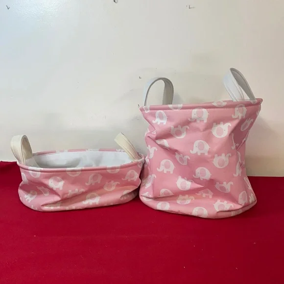 TM Designs Kids Storages Baskets Canvas Pink & White Elephants lot of 2