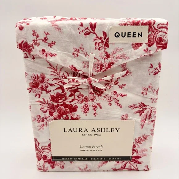 Laura‎ Ashley Queen Cotton Percale Sheet Set Red Floral Walled Garden