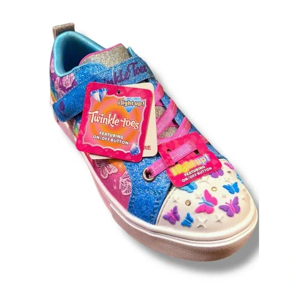 NIB Skechers Twinkle Toes Girls Size 2 Light Up Butterfly Ombre Sneakers RAINBOW