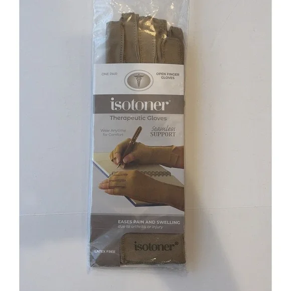 Isotoner Therapeutic Gloves Open Finger Camel Size Large Compression Pain Relief