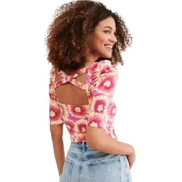 Free People Give Me More Macro Flower Top pink combo cut out design NWT MSRP $98