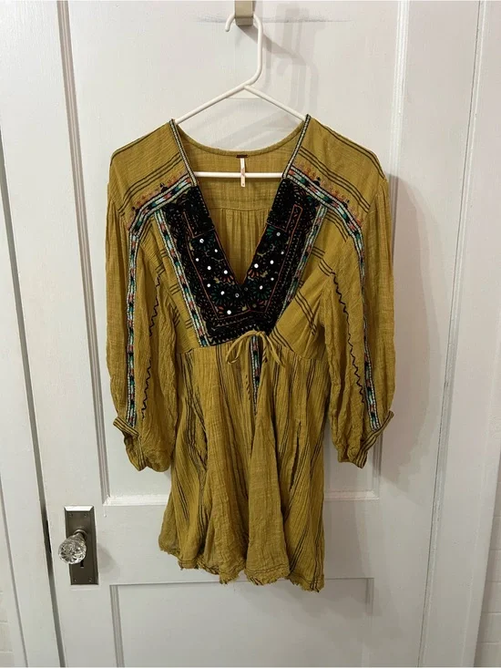 Free People Mustard Embroidered Wrap Shirt