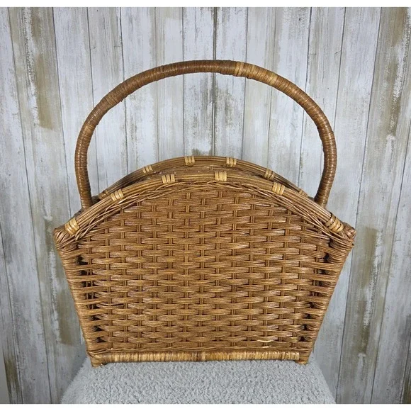 Vtg Divided Woven Wicker Storage Basket Rack Magazines Records Cottagecore Boho