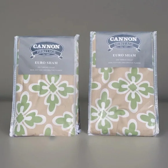 Cannon Vintage Euro‎ Sham Pillowcase Set (2) Green Tan Floral NEW Deadstock