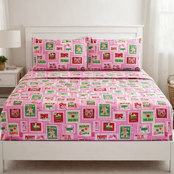 Betsey Johnson Christmas Holiday Stamps Pink 4 Piece Full Sheet Set  New w/ Tags