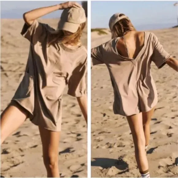 FREE PEOPLE MOVEMENT HOT SHOT TEE ROMPER- Mocha Latte/ Tan Reversible NWT LARGE