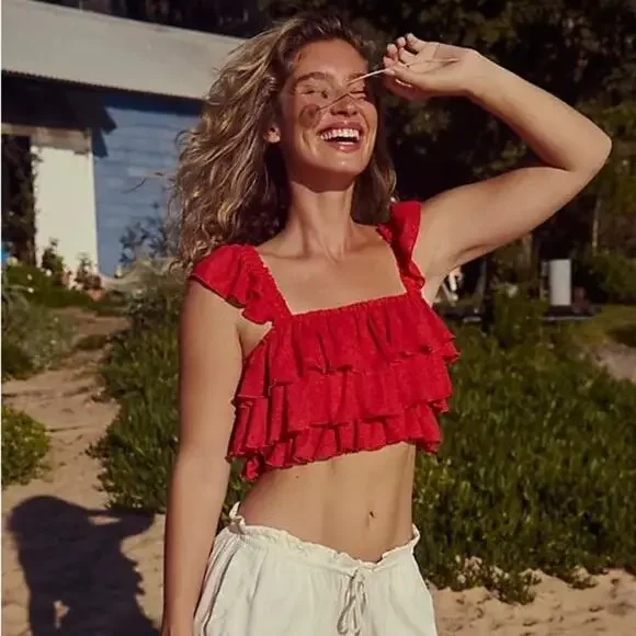 FREE PEOPLE Free-Est Ribbed Ruffle Cropped Top in Fiesta Red Tank Tiered Crop M