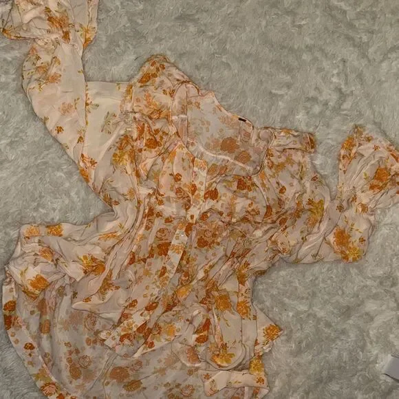 Free People Floral Blouse in Orange and Cream