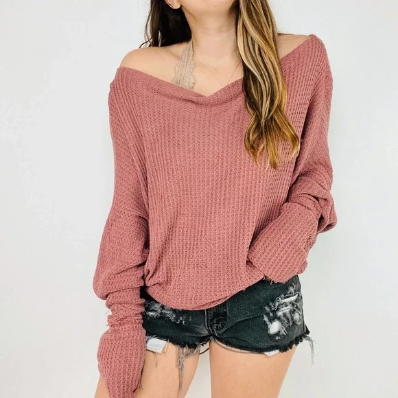 Free People Pink Waffle knit Boatneck Thermal