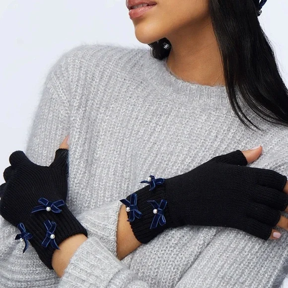 Lele Sadoughi Bow Embellished Fingerless Gloves New