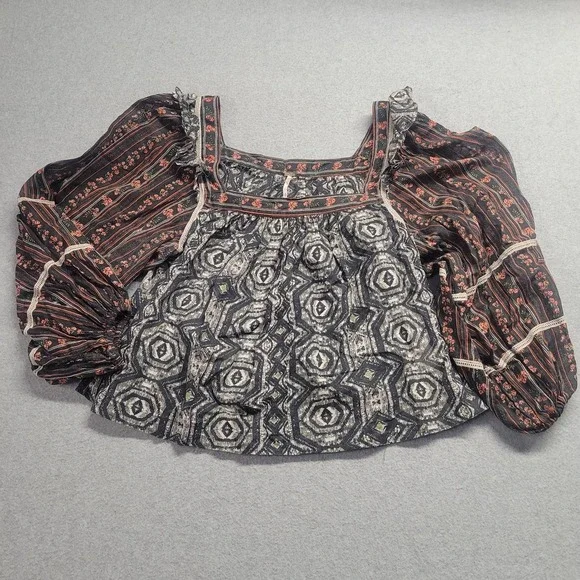 Free People Mixed Print Boho Cotton Blouse Square Neck Balloon Sleeve Small