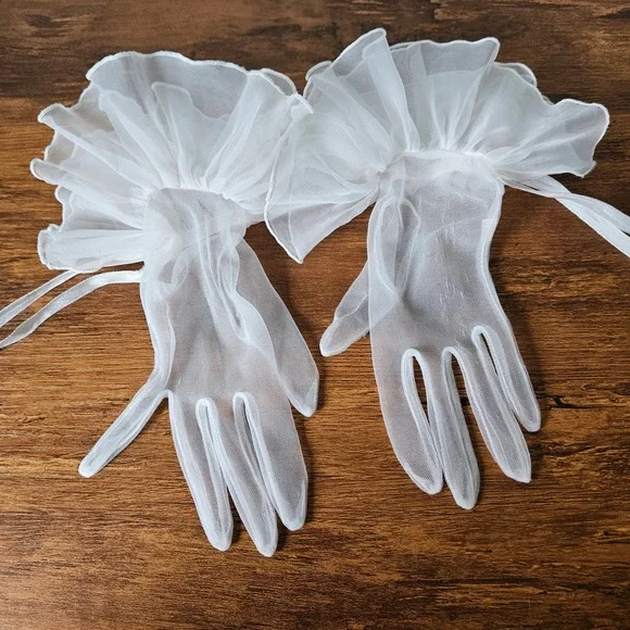 White Sheer Mesh Ruffle Cuff Gloves Bridal Wedding Coquette Ribbon Wrist Short