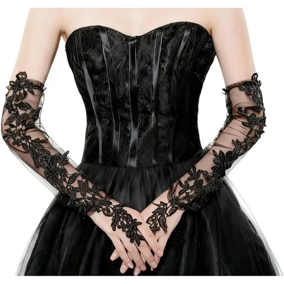 Women's Black Lace Fingerless Gloves Bridal Wedding Prom Costume Accessory