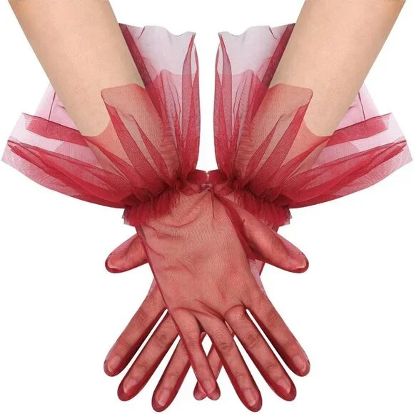 Women's Puffy Ruffle Burgundy Tulle Sheer Mesh Party Prom One Size Short Gloves