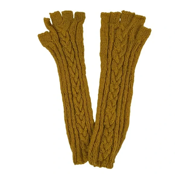 Handmade Wool Mustard‎ Yellow Cable Knit Fingerless Gloves Long Arm Warmers Boho