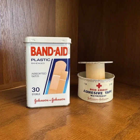 Vintage Johnson & Johnson Band Aid Plastic Bandages & Adhesive Tape Metal Tins