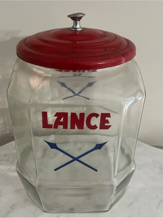 Vintage Original Lance Glass Candy and Cracker Jar Canister with Red Metal Lid