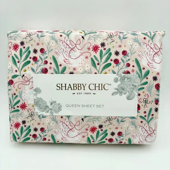 Shabby Chic Swan Floral Queen Sheet Set New in Package Blush Pink‎ Green
