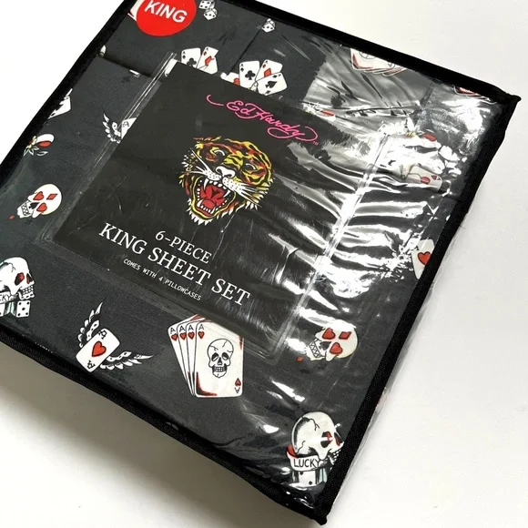 NWT ED HARDY 6-Piece KING Sheet Set Americana Tattoo Illustration Skull Poker