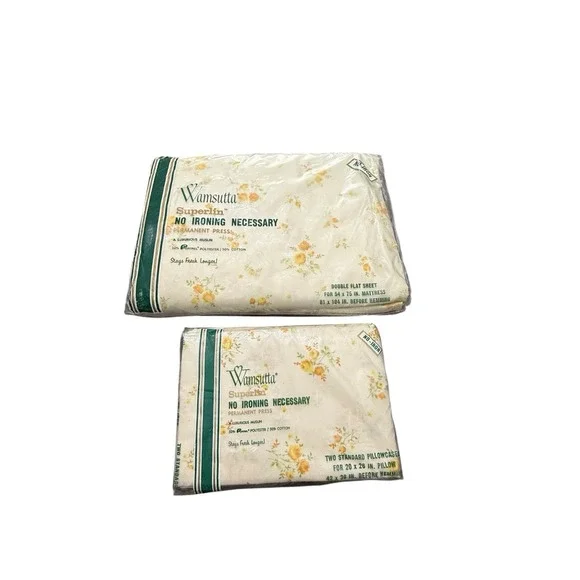 Vintage Wamsutta Superlin Double Flat Sheet 2 Pillowcases Yellow Floral Muslin