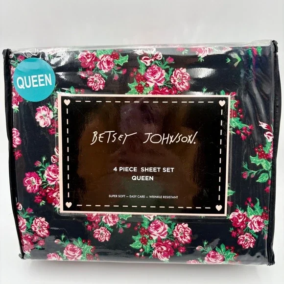 Betsey‎ Johnson Holly Bouquet Black Pink Floral Queen 4 Piece Sheet Set New