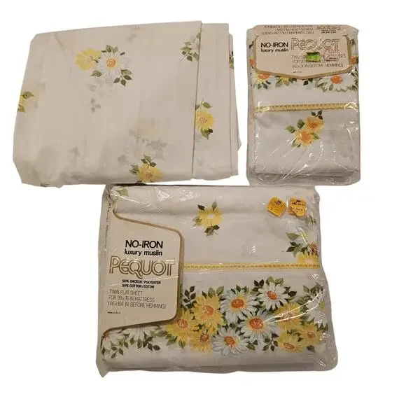 Pequot‎ Twin Size Vintage Muslin Sheet Set Standard Pillowcases White Floral New