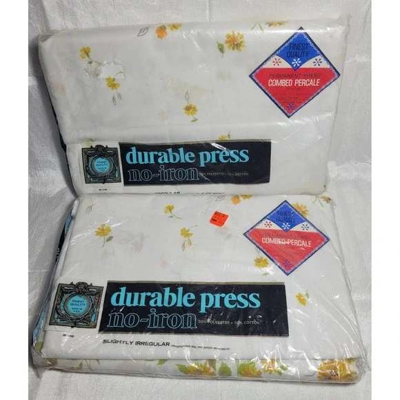 2 Vintage White w/ Yellow Flowers Combed Percale Twin Flat Sheets 72