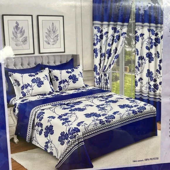 Bollft‎ 8 Piece Sheet  & Curtain Set CALIFORNIA KING Blue/White Floral NEW
