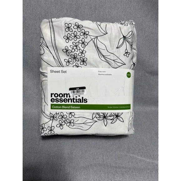 Room Essentials Queen Sheet Set White Black Floral Cotton Blend Sateen 4pc