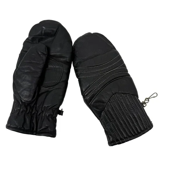 Vintage Grandoe Leather‎ Mittens Lined Black Gloves Winter Ladies Large