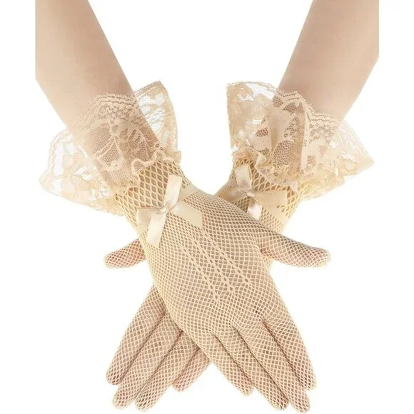 Women's Elegant Nude Short Bow Style Lace Gloves Dinner Wedding Party Tea Prom