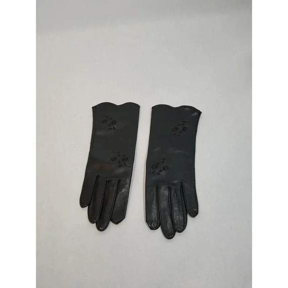 VTG Black‎ Vinyl Gloves Floral Embossed Scalloped Edge Size 6 Womens Lined
