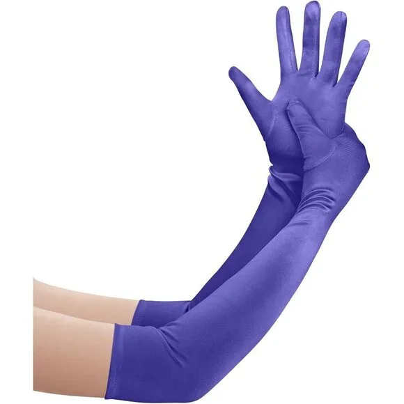 Women's Purple Long Satin Opera Fabric Gloves Party Tea Stretchy Elbow Length