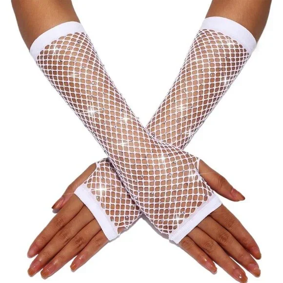 Women's Fingerless Rhinestone Sparkly White Rave Mesh Gloves Fishnet Party Prom