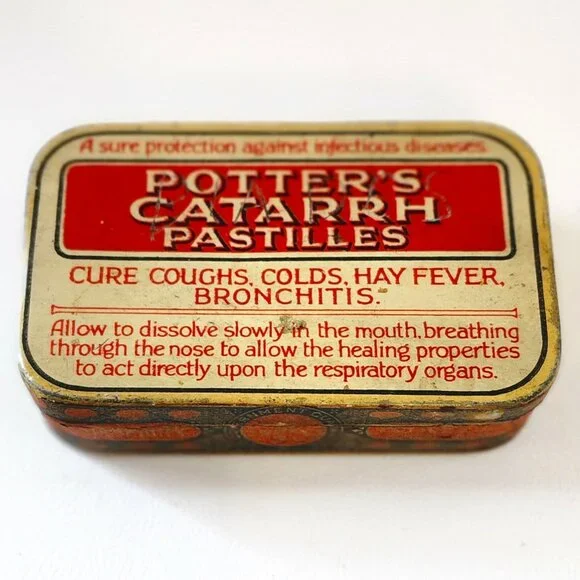 Antique Potters Catarrh Pastilles Cure Coughs Colds Hay Fever Asthma Tin