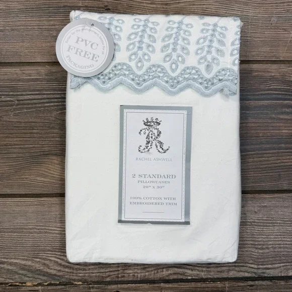 Rachel Ashwell Standard Queen Pillowcase Set White Blue Eyelet Trim New