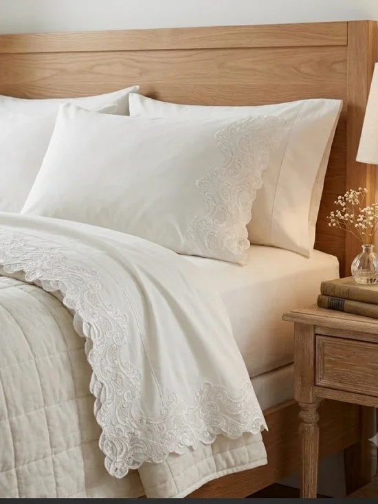 🔥 VINTAGE Cannon Royal Family King Flat Sheet & Pillowcases Scalloped Lace Beige
